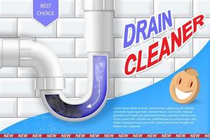 Drain cleaner ads, water pipe detergent with clear pipes section. vector