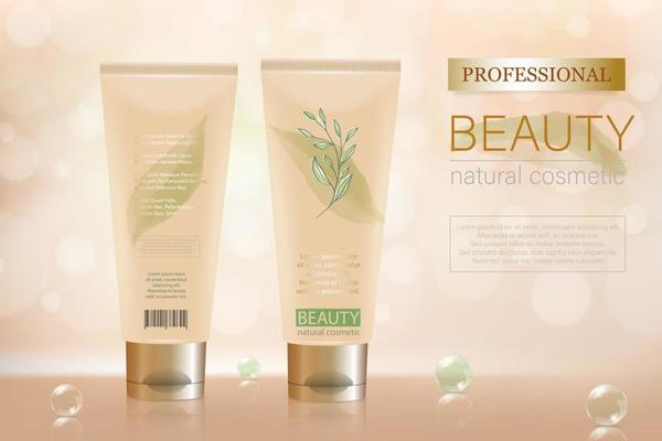 Cosmetic design template. Cream tube with text on a beautiful background with bokeh effect, glass balls and reflection.