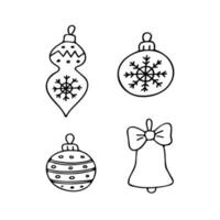 Doodle of Christmas tree toys with snowflakes and bell. Hand drawn vector illustration of home interior decorations for Christmas.