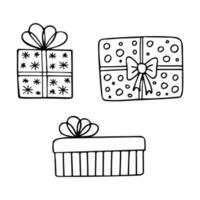 Doodle of three gift boxes isolated on white background. Vector hand drawn illustration of gift for birthday, New Year, Christmas and other holidays. Element holiday design.