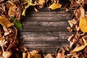Frame border with autumn fall leaves on a dark wooden table