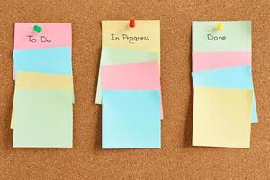 Colorful paper notes with words To do, In progress and Done pinned on a cork board photo