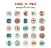 Christmas Advent Calendar. Round printable sticker collection for traditional Christmas countdown calendar. Vector illustration of colorful gift boxes with winter decor.