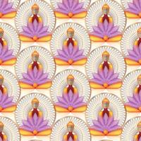 Seamless Sitting Buddha over gold Mandala and lotus flowers. Esoteric vector illustration. Vintage decorative culture background. Indian, Buddhism, spiritual art. Golden, spirituality, Thai god, yoga