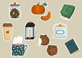 composición del paquete de pegatinas de otoño con galletas, calabazas y otros artículos para el hogar. iconos de caída aislados para web y libros o pancartas para niños vector