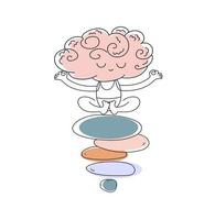 Cute funny brain character meditate sitting on stack of zen rock pyramid. Equality, Mental stability concept. Vector doodle illustration.