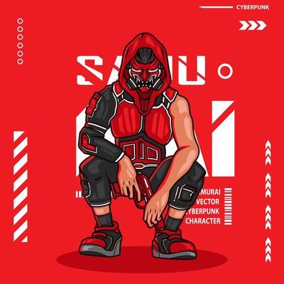 Cyberpunk man the fighter. Fiction character in colorful t-shirt design. Abstract vector illustration.