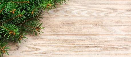 Christmas gray wooden background with fir tree and copy space. banner top view empty space for your design photo