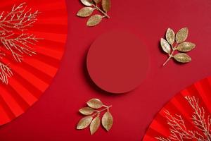 Mock up podium round stage or pedestal and paper art Chinese monochrome new year symbol top view. photo