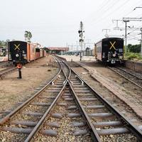 View of Toy train Railway Tracks from the middle during daytime near Kalka railway station in India, Toy train track view, Indian Railway junction, Heavy industry photo