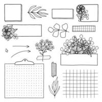 Set for a bullet journal with floral elements. Collection of drawings for a diary, weekly with flowers. A black line on a white background. vector