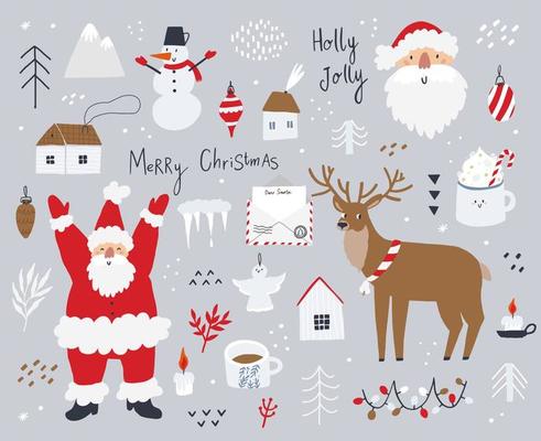 Set of Christmas and new year elements. Santa Claus, reindeer, cute houses, and Christmas tree are isolated on white background.