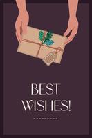 Christmas card with a gift in the hands in flat style and the lettering best wishes vector