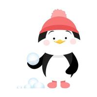 lindo pingüino en un sombrero con una bola de nieve en sus manos vector