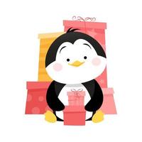 Cute penguin sits with gifts in his hands and gifts behind vector