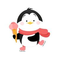 lindo pingüino con helado está patinando vector