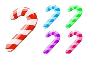 Bright striped candy cane set. Round multicolored candies on stick. Design element for Christmas, New Year, birthday, anniversary, event. Template for poster, web, flyer, icon, blogs, logo. Vector