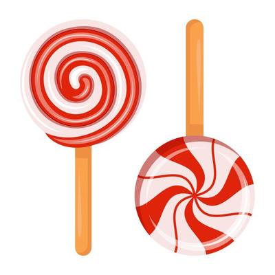Red and white christmas lollipops set. Candy on stick with different designs. Elements for Christmas, New Year, birthday, anniversary, event. Template for poster, web, flyer, icon, blogs, logo. Vector
