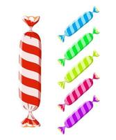 Colorful striped candies in wrapper set. Design element for Christmas, New Year, birthday, anniversary, event. Template for poster, web, flyer, coupon, promotions, blogs, social media. Vector