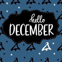 Winter, hello December quote postcard. Blue background with eve pattern. Interesting thematical quotes on holidays theme. vector