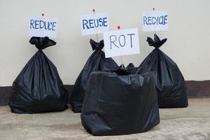 Paper signs with words RECYCLE, REUSE, REDUCE, ROT, on  black plastic bags that contain garbage inside. Concept , Waste management and sorting. Environment issue. photo