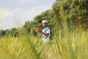 joven musulmán asiático en el campo de arroz foto