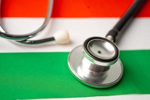 Black stethoscope on Hungary flag background, Business and finance concept. photo