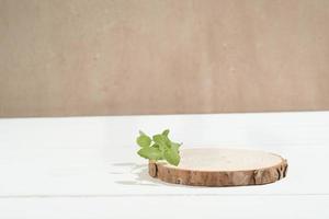 empty stage with wooden podium decorated with mint leaves. product promotion display. abstract minimal scene for new product presentation. photo