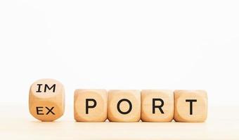 Import and Export words on wooden block. Copy space photo