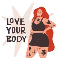 A beautiful plump girl with tattoos stands and smiles. Vector illustration on the theme of body positivity. Red-haired girl urges you to love your body