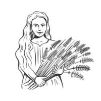 A young village girl holds spikelets of wheat or rye. A woman holds a harvest. Hand engraving style vector