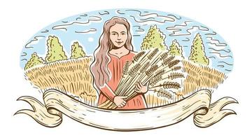 un pueblo y una niña con campos y el sol. paisaje rural con una mujer joven y árboles. la niña sostiene espigas de trigo o centeno. estilo de grabado a mano vector