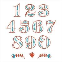 Folklore set of numbers and numbers in Scandinavian style. Folk font for mathematics, algebra and calculator. Children learn to count using bright numbers vector