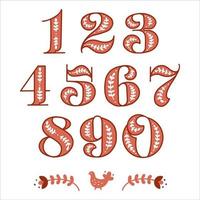 Folklore set of numbers and numbers in Scandinavian style. Folk font for mathematics, algebra and calculator. Children learn to count using bright numbers vector