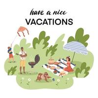 The family is relaxing in nature. People went out for a picnic. A woman, a man and a child are having fun on vacation, playing with a dog, frying meat, fussing, launching a snake. Have a nice vacation vector