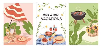 conjunto vectorial de ilustraciones sobre el tema de la recreación al aire libre y las vacaciones de verano. imagen de artículos y atributos de picnic de verano vector