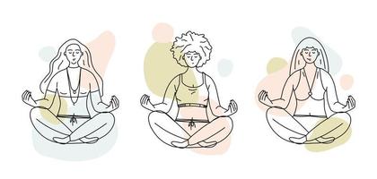 A set of vector illustrations in the style of line art. girls sit in the lotus position and meditate. Young women practice yoga and vipassana.