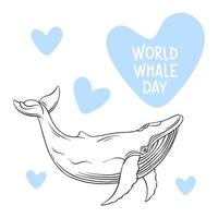 Whales are drawn in the style of linear art. Vector illustration on a white background. Cetaceans with the inscription - World Whale Day