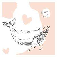 Whales are drawn in the style of linear art. Vector illustration on a white background. Cetaceans with hearts