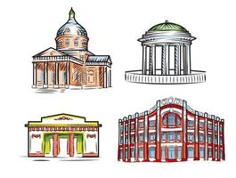 Old architecture in line art style. Vector set of hand drawn illustrations. Russian temple and other classical buildings.