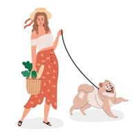 A girl walks with a dog in the summer. A woman and a dog relax on a picnic vector