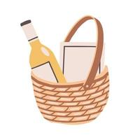 vino y un libro en una cesta de mimbre. juego de picnic en una bolsa de paja vector