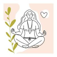 The girl is sitting in the lotus position and meditating. A young woman is doing yoga. Delicate vector illustration in line art style.