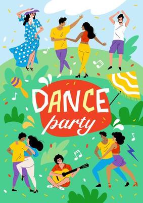 Funny people dance in nature. Dance festival in the park. The dancers move rhythmically, the guitarist sings a song. Summer dance party. Poster for Latin dances