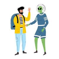 The ufologist shakes hands with the alien. A man greets a UFO. friendly martian and tourist vector