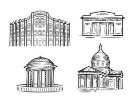 Old architecture in line art style. Vector set of hand drawn illustrations. Russian temple and other classical buildings.