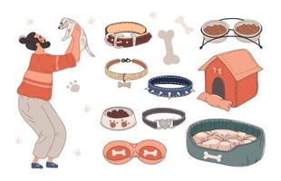 A happy man holds a puppy and rejoices. Vector set of things for a pet collars and bowls and more.