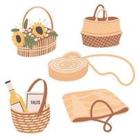 A set of woven bags. Wicker picnic baskets. Summer women's fashion handbag and wine vector