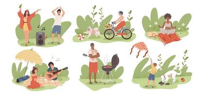 un conjunto de imágenes con personas de vacaciones en la naturaleza. la gente se divierte en un picnic, baila, juega, bebe, se relaja y cocina comida a la parrilla. vector