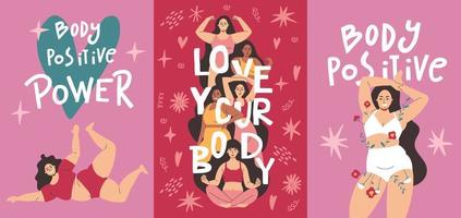 Very different beautiful girls are standing in swimsuits and smiling. Vector illustrations on the theme of body positivity and lettering. A set of postcards or posters